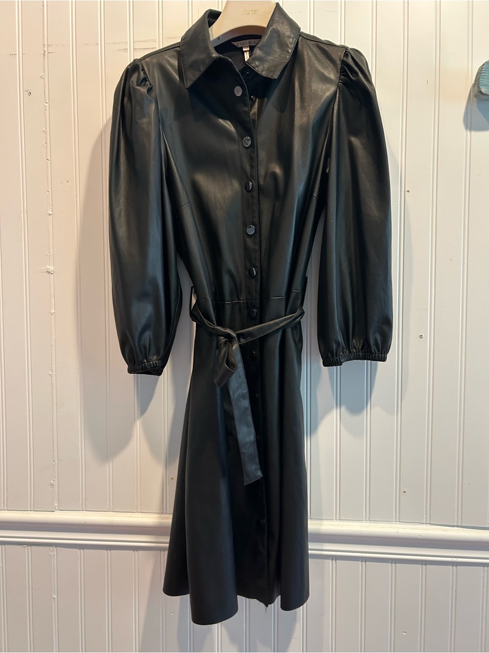 ESQUALO Black Faux Leather Midi Shirt Dress with Belt